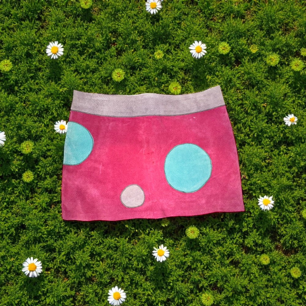 VINTAGE Pink Grey blue Polka Dot suede OLLY LONDON mini skirt SIZE 10